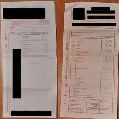 A legal receipt from an Italian restaurant.