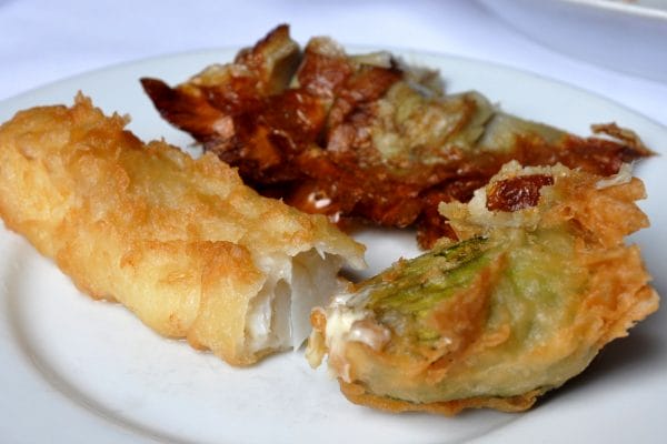 Fried foods of Rome, including baccala and fiori di zucca