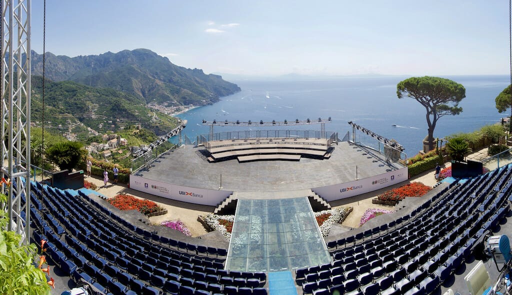 Villa Rufolo's Belvedere, part of the summer's Ravello Festival, with concert and performance stage in front of the water