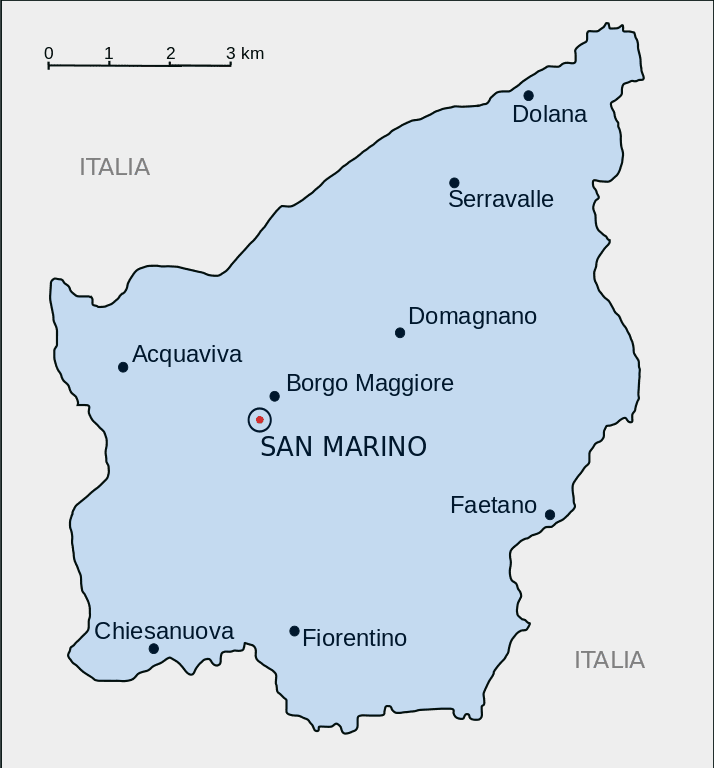 Map of San Marino. The total size of the country is 24 sq miles!