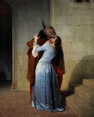 The Kiss by Francesco Hayez is regarded as a symbol of Italian Romanticism, a nostalgic look back at the Middle Ages and a portrayal of the spirit of the Italian Unification. It's home is the Pinacoteca di Brera in Milan.