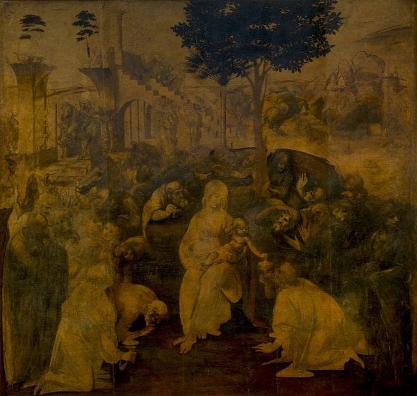 Da Vinci spent three years working on the Adoration of the Magi and yet it still remains unfinished. Public domain photo via Wikicommons