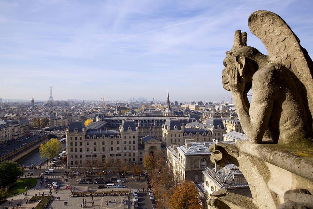 A gargoyle on Notre Dame contemplates the Eiffel Tower