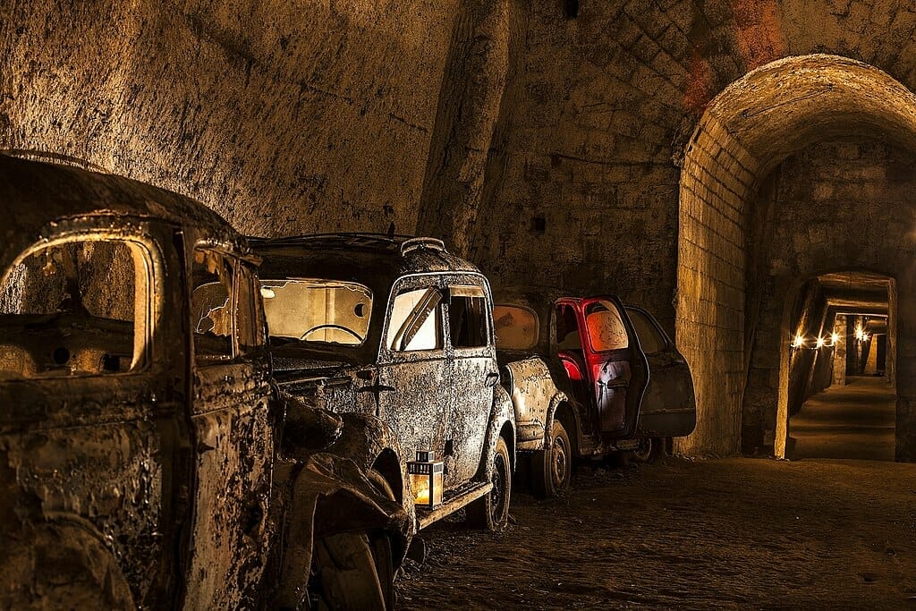 Bourbon Tunnel in Naples with cars and stone walls