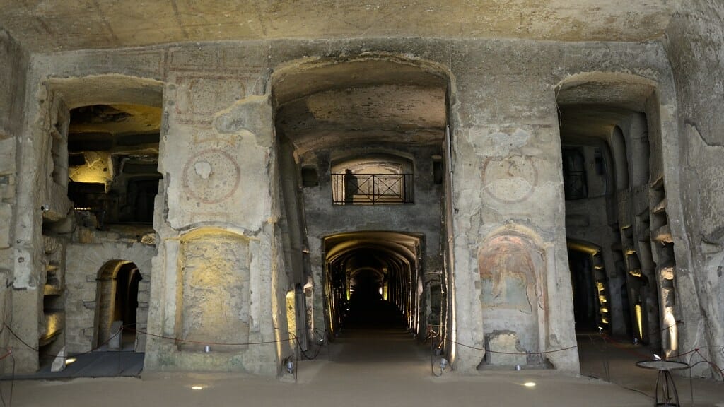 Rock interior of Naples' underground catacombs, Catacombe di San Gennaro 