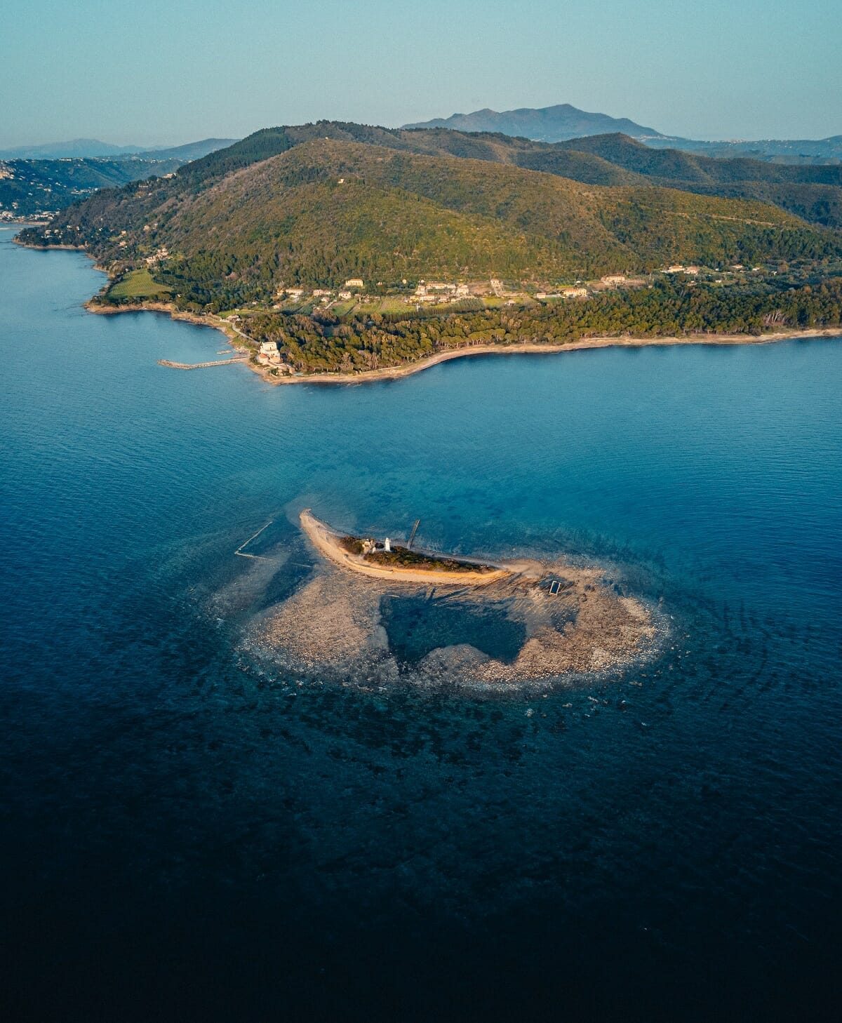 Areal view of Castellabate in the Cilento region of southern italy with water and island