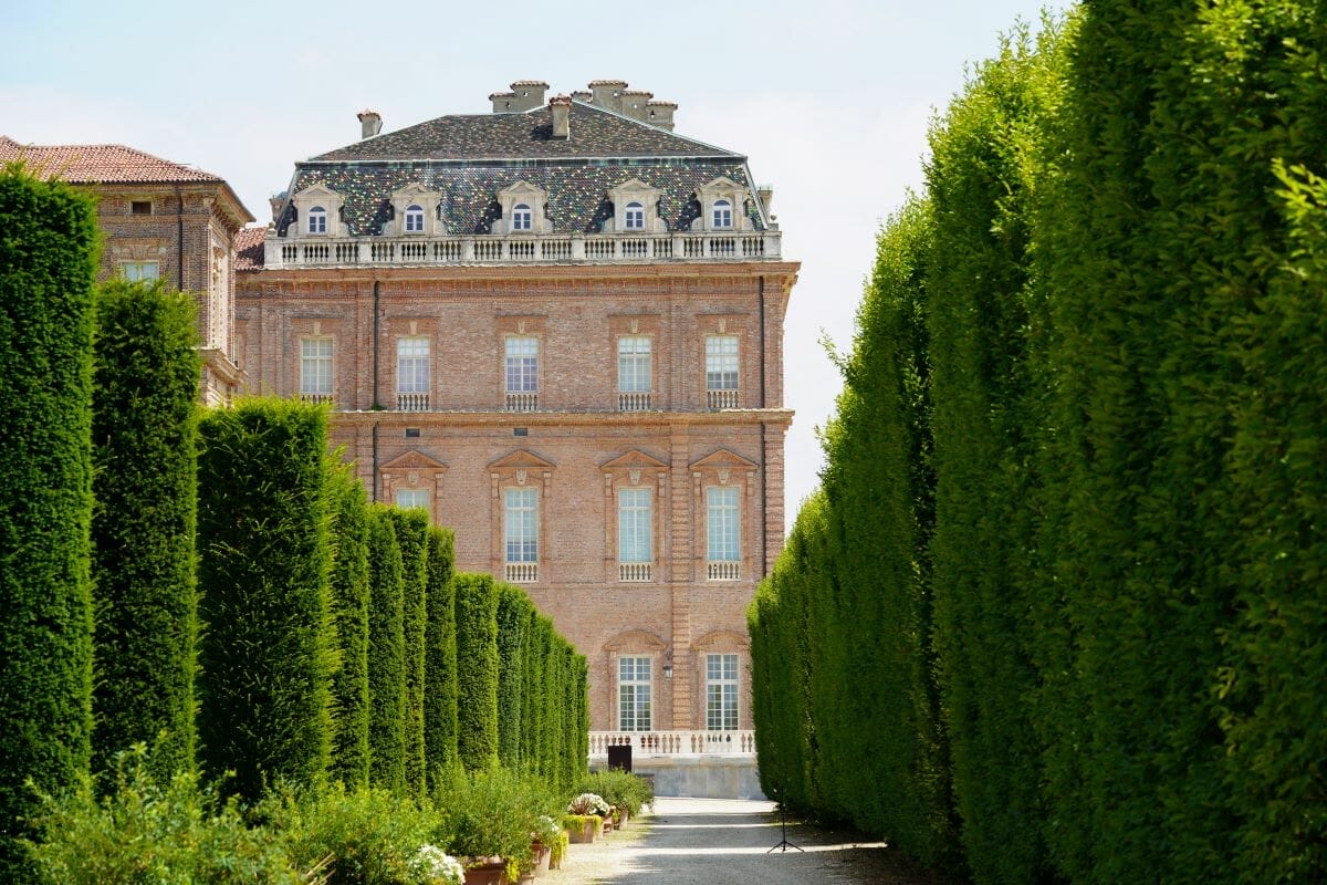 A view of the Venaria Reale building and gardens located in Turin, Italy