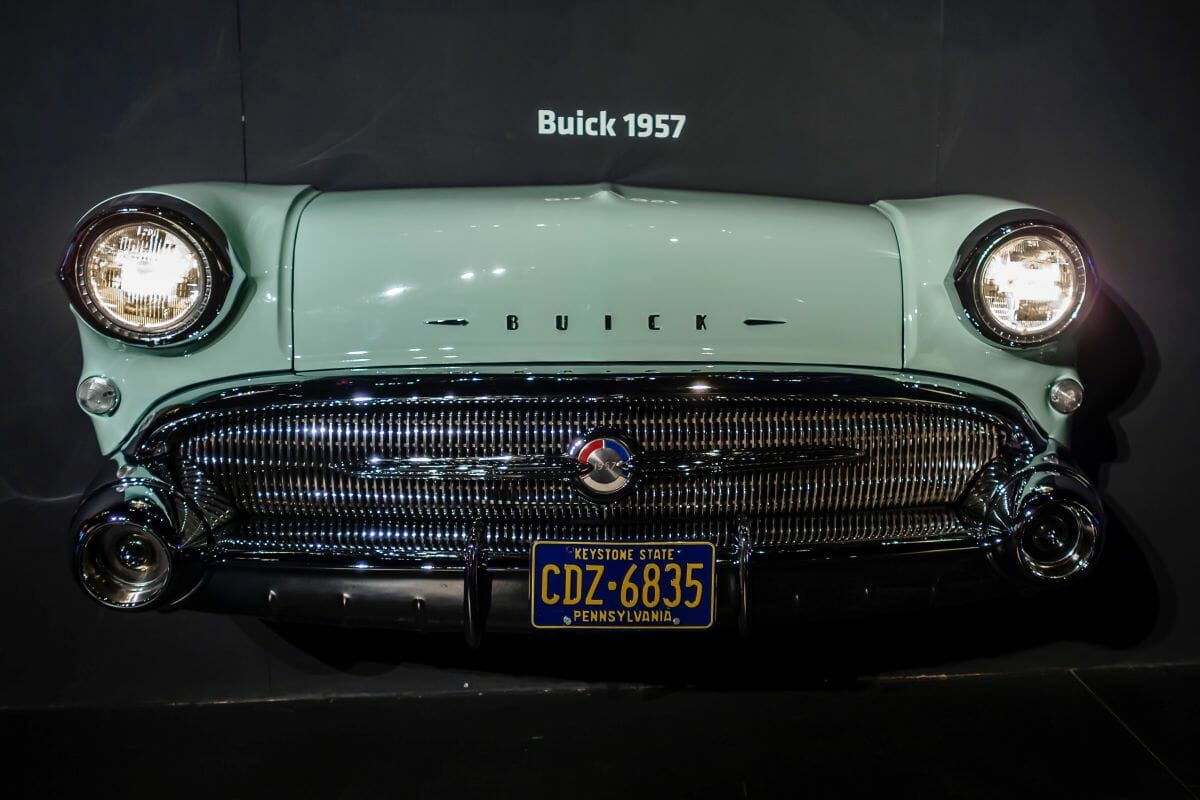 A light blue 1957 Buick displayed in the National Automobile Museum (Museo Nazionale dell’Automobile), located in Turin, Italy