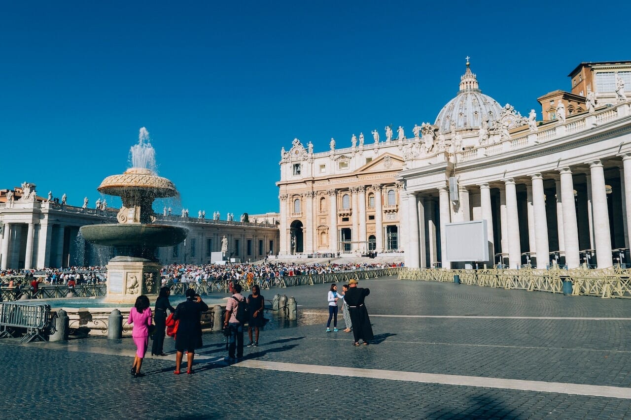 Square with crowds for Easter Mass at St. Peter's Basilica in the Vatican City